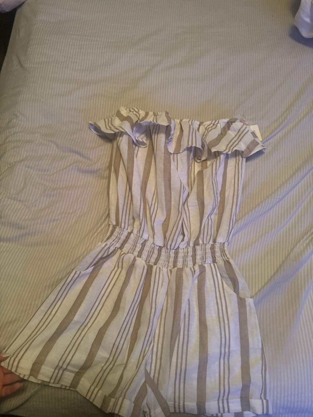 Cream and beige striped strapless romper